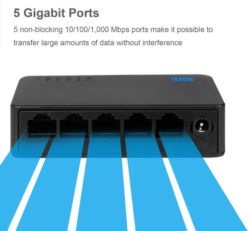 Miniatura 6 de Interruptor de red Gigabit de 5 puertos, interruptor portátil Plug & Play Carcasa sin ventilador, negro, para el hogar, oficina, interruptores