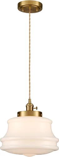 Miniatura 8 de Lámpara colgante de vidrio de leche industrial de 6 pulgadas, lámpara colgante de latón vintage ajustable, iluminación colgante retro de mediados