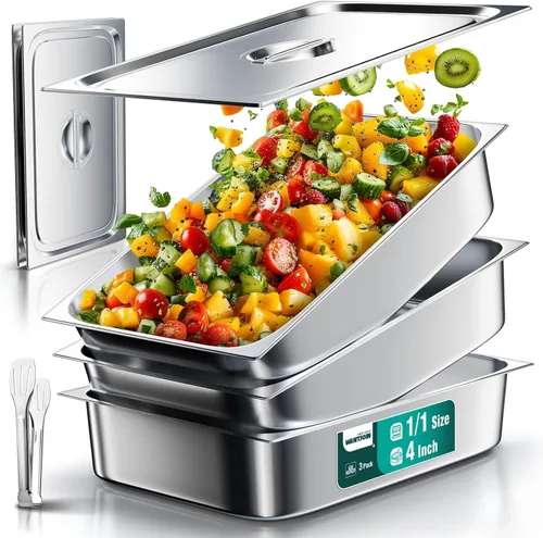 WantJoin Recipientes Gastronómicos con Tapa 1/1 Tamaño Completo 4 Pulgadas de Profundidad Paquete de 3, Juegos de Bandejas de Metal de Acero