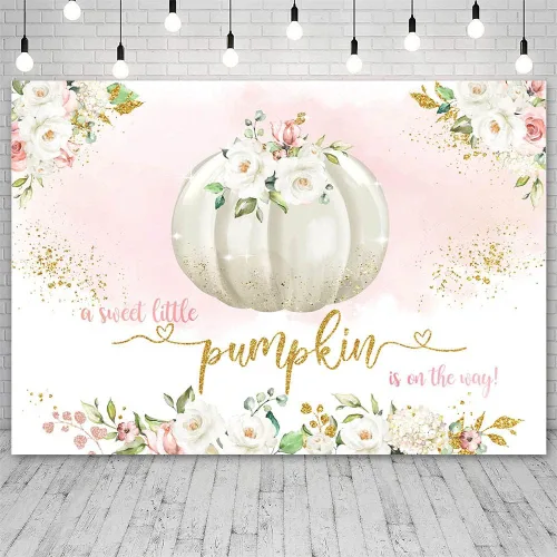 Sendy Telón de fondo de calabaza de otoño de 7 x 5 pies para niña, una dulce calabaza está en camino, fondo de fotografía de baby shower, rubor rosa