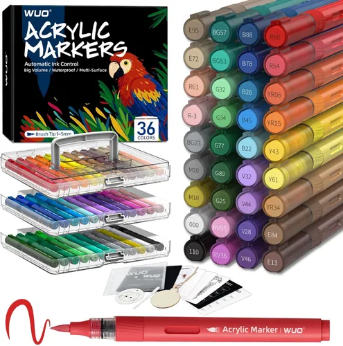 WUO - Marcadores de pintura acrílica de 36 colores, rotuladores de pintura acrílica y marcadores acrílicos con punta de pincel, control automático