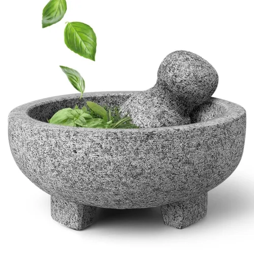Flexzion Juego de mortero y mortero de granito pequeño – Molinillo de piedra de granito sólido para cuenco de 7.9 pulgadas para guacamole, hierbas,