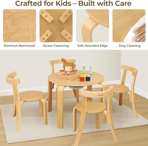 Miniatura 4 de Bateso Juego de mesa redonda y 4 sillas para niños con bañera de almacenamiento, silla de mesa de madera para niños pequeños para arte