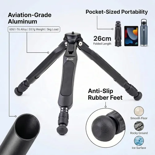Miniatura 3 de Zeadio Trípode de cámara ajustable, trípode portátil de viaje de aluminio de mesa, altura ajustable de 3 etapas, capacidad de carga de 11.0 lbs