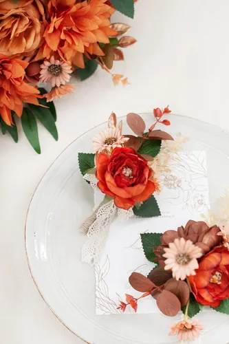 Miniatura 4 de Ansofi Juego de 6 boutonniere naranja quemado para hombres para boda, novios padrinos de boda, boutonniere para ceremonia de boda rústica bohemia