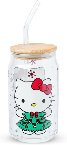 Miniatura 29 de Silver Buffalo Sanrio - Vaso de vidrio rosa con tapa de bambú y sorbete de vidrio de Hello Kitty, 16 onzas Hello Kitty Agitando