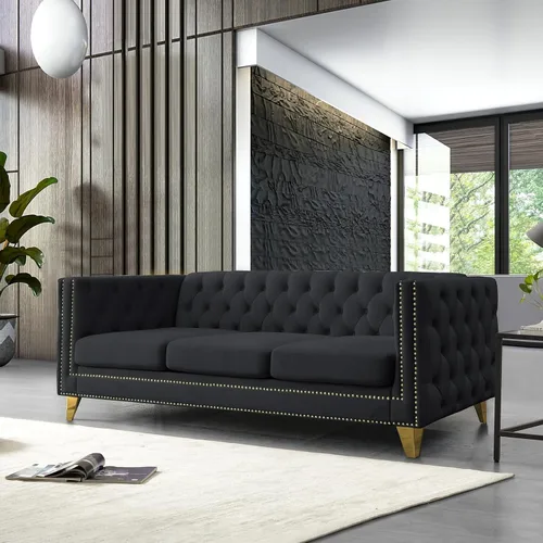Miniatura 15 de Sofá de terciopelo de 3 plazas, cómodos sofás para sala de estar, sofá moderno con respaldo copetudo y decoración de remaches, sofá largo tapizado