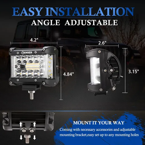 Miniatura 4 de BUNKER INDUST Kit de Arnés de Cableado para Cápsulas de Luz LED Side Shooter, 2 Piezas de Barra de Luz LED de 4" Spot Flood de 60W, Luz de Trabajo