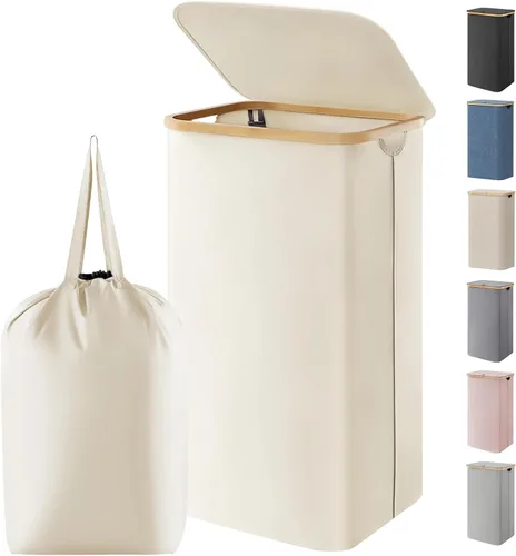 Miniatura 14 de Lifewit Cesta de ropa de 120L con tapa, cestas de ropa para lavandería con asas de bambú y una bolsa de lavandería extraíble, cesta plegable grande