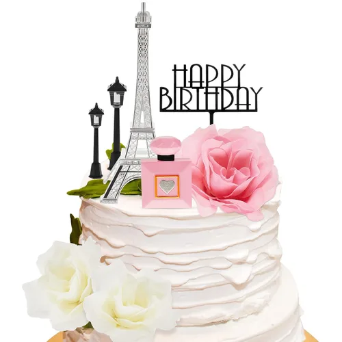 Miniatura 7 de Juego de 8 decoraciones para tartas de la Torre Eiffel de París, decoración romántica de 7 pulgadas con lámpara de calle y rosa para cumpleaños