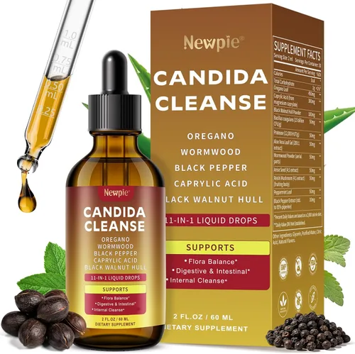 Candida Support con tecnología de triple orientación, fórmula sinergia todo en 1 con ácido caprílico, orégano, nogal negro y ajenjo - Gotas de apoyo