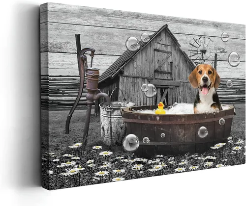 Miniatura 20 de Kasluolo Divertido arte de pared de perro Beagle para decoración de baño, lindo beagle sentado en la bañera, lienzo impreso pintura de animales