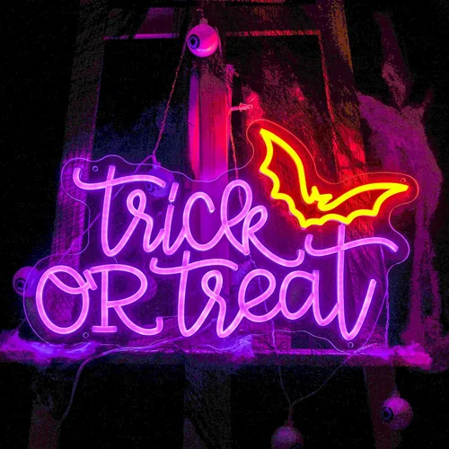 Letrero de neón LED de Halloween con texto en inglés "Trick or Treat", para Halloween, fiesta, bar, dormitorio, habitación de niños, decoración de