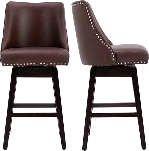 Chairus Juego de 2 taburetes de bar giratorios modernos de mediados de siglo de 27 pulgadas con patas de madera, tapizados de piel sintética, para