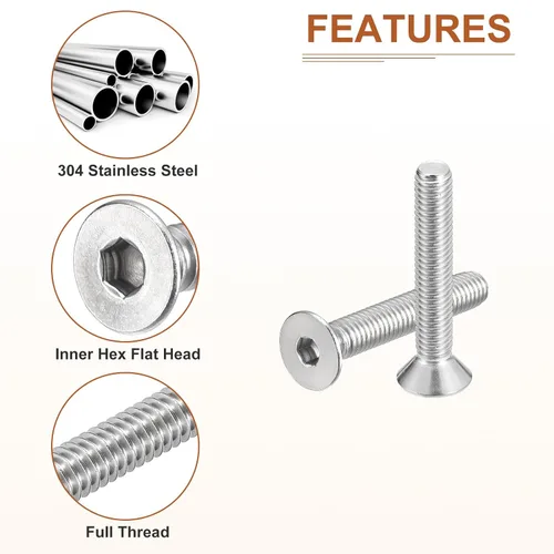 Miniatura 4 de DTGN Tornillos de cabeza plana de 3/8-16 x 2-1/2", paquete de 20 tornillos de cabeza plana de acero inoxidable 304, rosca completa, pernos