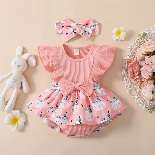 Miniatura 2 de Lindo mameluco para bebés y niñas con estampado de flores, encaje con volantes, lazo frontal, diadema