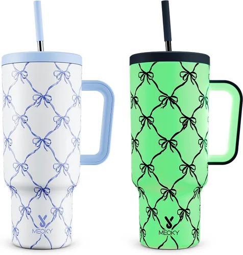 Miniatura 25 de Meoky - Vaso de 30 oz con asa, tapa y pajilla, taza de viaje térmica de acero inoxidable 100% a prueba de fugas, para portavasos, mantiene el frío