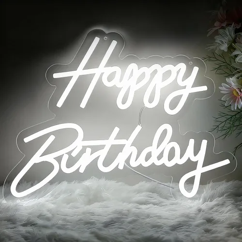 Letrero de neón de feliz cumpleaños, luz de neón blanca de cumpleaños de 16.5 x 9.8 pulgadas para decoración de pared, alimentada por USB,