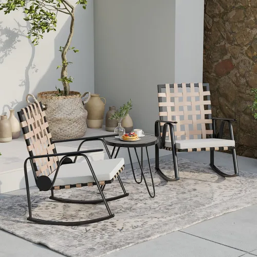 Miniatura 13 de AQUILLA Juego de 3 mecedoras de patio para exteriores, muebles de exterior con marco de metal, mesa redonda de vidrio templado, cojines gruesos