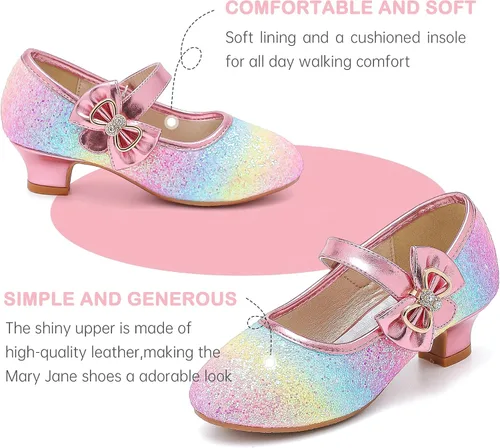 Miniatura 5 de Dufannie Zapatos de vestir para niñas, zapatos de tacón bajo de princesa, zapatos planos con purpurina para bodas y fiestas