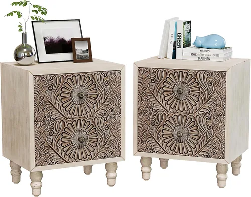 Miniatura 20 de SUNBURY Juego de 2 mesitas de noche vintage, mesa de noche pequeña de madera con cajón y estante abierto, mesa auxiliar de acento shabby para sala