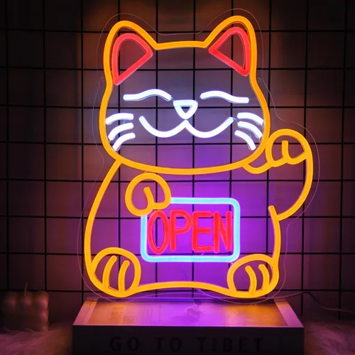 Letrero de neón de gato de la suerte, letreros LED abiertos para decoración de habitación japonesa, luz de neón de gato de la fortuna regulable,