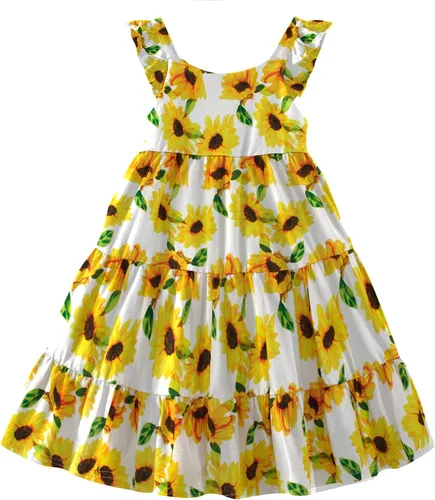 Miniatura 10 de Vieille Vestido de verano para niñas pequeñas, con volantes, sin mangas, casual, vestido de playa, escalonado, vestido de princesa para 2-8 años