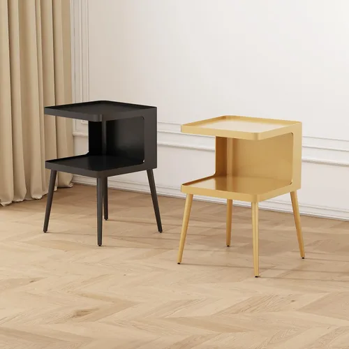 Miniatura 8 de Mesa auxiliar moderna negra, mesas auxiliares pequeñas de 2 niveles, mesas auxiliares de metal, sala de estar con 4 patas, mesita de noche negra