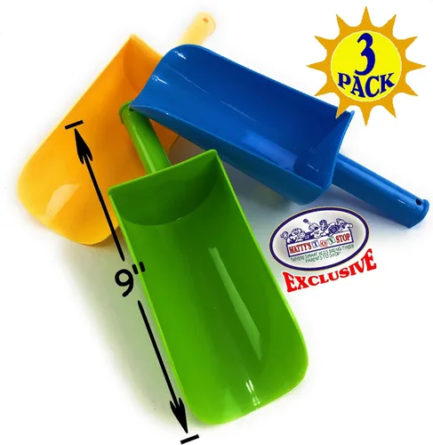 Miniatura 2 de Matty's Toy Stop Paquete de 3 palas de plástico con mango corto para arena y playa (amarillo, azul y verde) para niños de 9 pulgadas