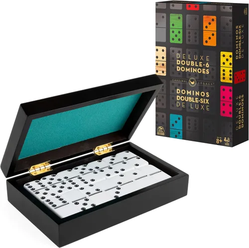 Spin Master Games, Cardinal Legacy Deluxe Double 6 Dominoes, juego de mesa clásico juego de 28 dominó en estuche de madera forrado, para niños y