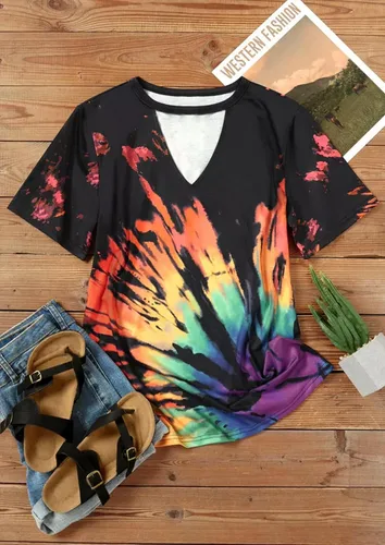 Miniatura 2 de Camisetas sexys con cuello en V para mujer, blusa ahuecada de teñido anudado, blusa de verano, holgada, casual, camiseta gráfica de música country