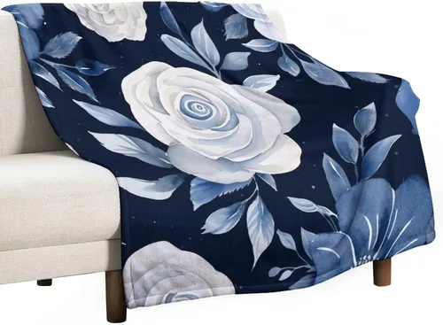 Miniatura 26 de Manta de flores de acuarela azul marino, bohemias, manta de acuarela floral con coronas de rosas y hojas de peonías, lujosa, cálida y acogedora
