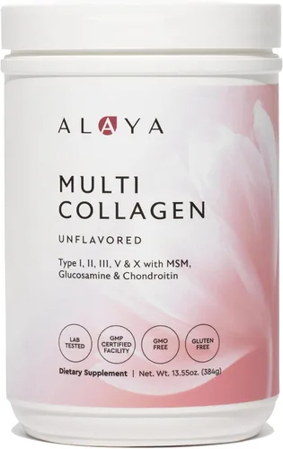 Alaya - Polvo de colágeno múltiple - Suplemento de proteína en polvo de péptidos de colágeno hidrolizados tipo I, II, III, V, X, con MSM + GC (sin