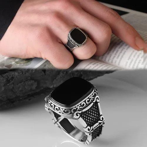 Miniatura 2 de 925 Sterling Silver Men Silver Ring with Onyx Stone, Handmade Engraved Black Onyx Gemstone Silver Ring, Gift for him, Minimalist Silver Ring