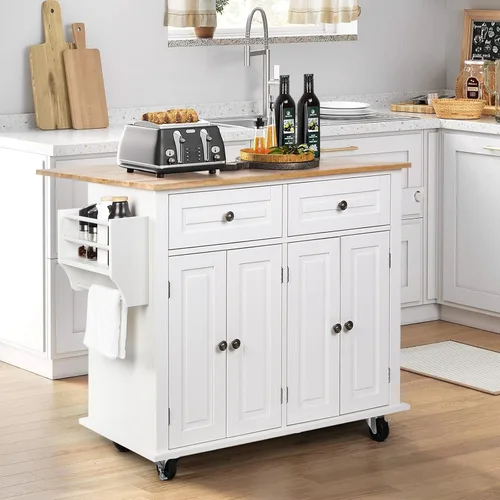 Miniatura 2 de VOWNER Isla de cocina de 43 pulgadas de ancho con hoja caída, isla de cocina rodante con cajones, isla portátil con almacenamiento, carrito de Blanco