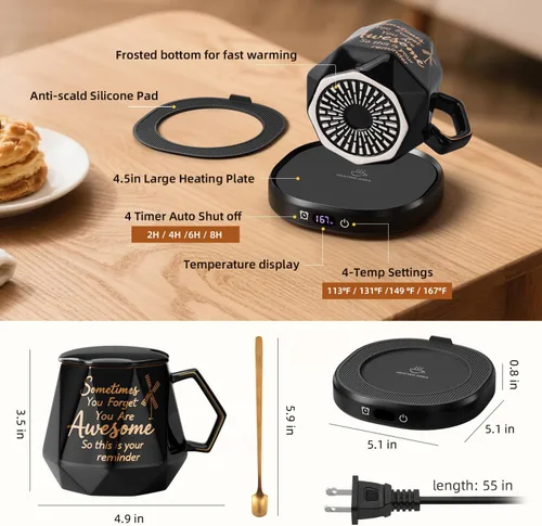 Miniatura 8 de You're Awesome Juego de Calentador de Tazas de Café, Calentador de Tazas de Café Eléctrico Inteligente para Escritorio de Oficina, 4 Ajustes