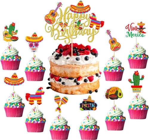 Miniatura 10 de Paquete de 41 decoraciones para tartas de cumpleaños con guitarra, cactus y burro, palillos de pimienta para fiesta mexicana, temática de baby