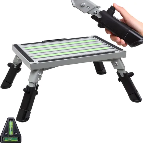 Homeon Wheels Taburete para caravana, plataforma de aluminio ajustable con superficie antideslizante, escalón plegable con patas de goma, tira Gris