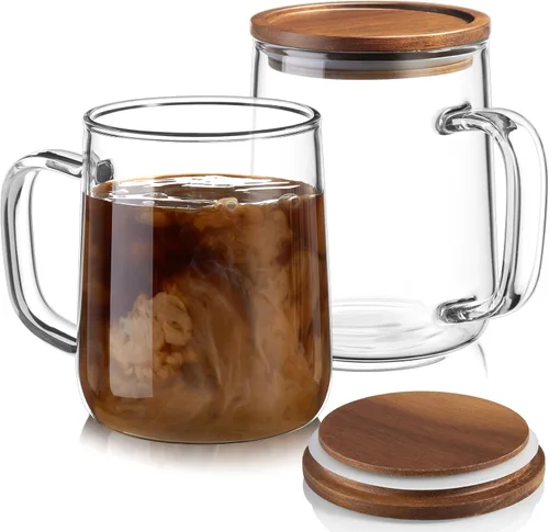 Tazas de café de vidrio, tazas de café de vidrio de 14 onzas con tapas de madera de acacia, tazas de vidrio de borosilicato transparente con asas