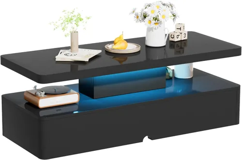 Miniatura 8 de oneinmil Mesa de centro LED moderna, mesas de sala de estar de 40 pulgadas con luces LED de 16 colores, diseño de doble capa, elegantes mesas