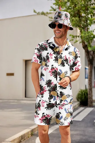 Miniatura 2 de COOFANDY Conjunto de camisa hawaiana y pantalón corto para hombre, traje de playa de 2 piezas con sombreros de pescador