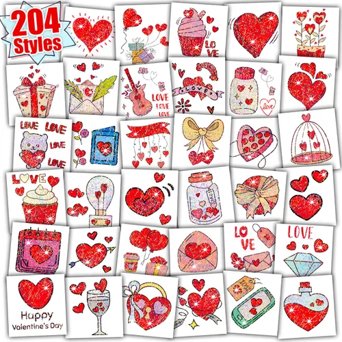 Partywind 204 estilos de purpurina para el día de San Valentín, tatuajes temporales para niños, suministros de fiesta de San Valentín, regalos de