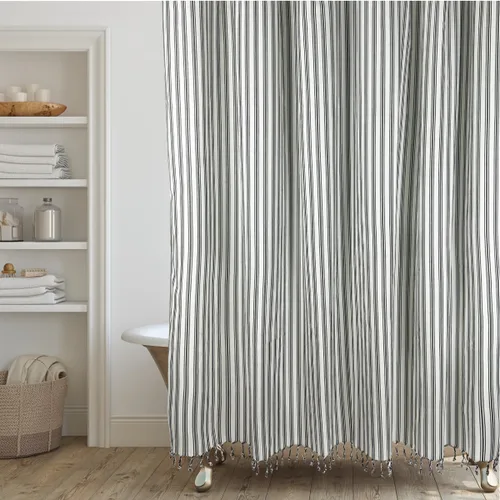 Miniatura 8 de HALL & PERRY Cortina de regadera moderna de transición con rayas blancas y borlas - Rayas verticales negras de 100% algodón, 72 x 72 pulgadas Blanco