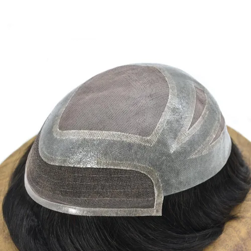 Miniatura 5 de Sistema de repuesto de piezas de cabello humano tipo tupé para hombre, transpirable, encaje francés, peluca para hombre, peluca de piel de #1B Negro