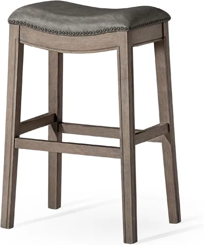 Miniatura 16 de Maven Lane Adrien Taburete de bar sin espalda, asiento de silla de montar de 31 pulgadas con reposapiés, marco de madera maciza gris y tapicería