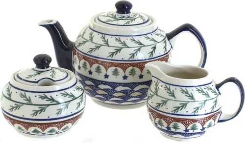 Miniatura 8 de Juego de té pequeño de tres piezas de pavo real de cerámica polaca de rosa azul