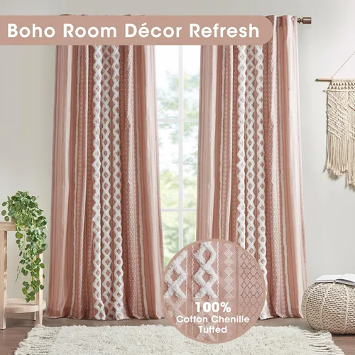 Miniatura 2 de INK+IVY Cortinas Boho para Dormitorio PANEL ÚNICO Cortinas de Ventana para Sala de Estar, 100% Algodón con Rayas de Chenilla Copetuda Estilo Granja