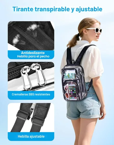 Miniatura 6 de Mochila transparente aprobada para estadios de 12 × 12 × 6 con correas de hombro transpirables, bolsa transparente para estadio de trabajo, Negro