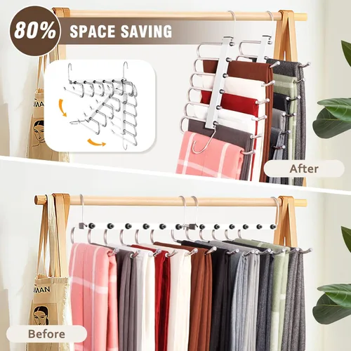 Miniatura 2 de Paquete de 6 perchas para pantalones de 6 niveles que ahorran espacio, paquete de 2 unidades negras y 4 unidades blancas, estante multifuncional