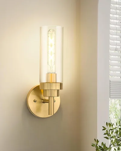 Miniatura 6 de Emak Apliques Dorados Cepillados Decoración de Pared Juego de 2, Luminarias Modernas para Baño Aplique de Pared con Pantalla de Vidrio Transparente